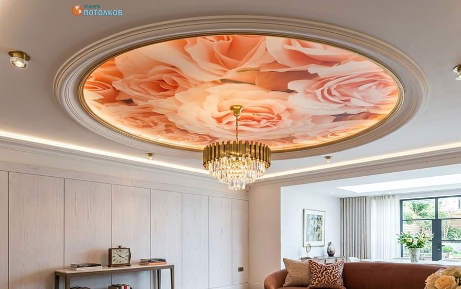 Бело-розовый двухуровневый потолок с фотопечатью 